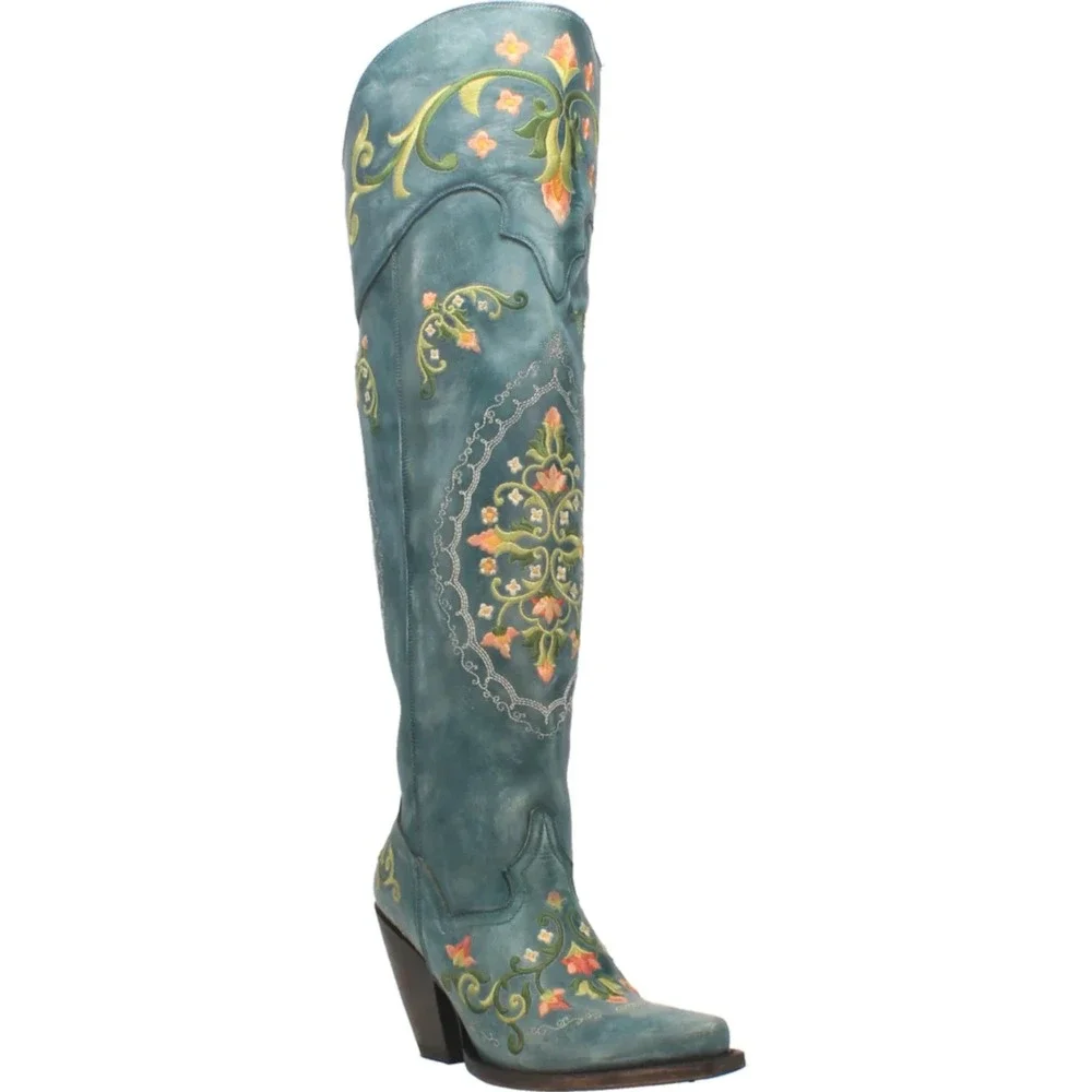 NEW‎ Dan Post Flower Child Turquoise Embroidered Knee High Western Boots 6.5 - Picture 2 of 16